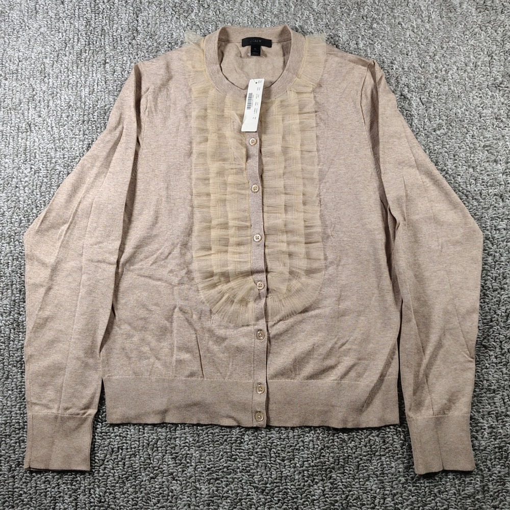 J.Crew Cardigan Sweater Tan Tulle Ruffle Trim Coquette Women XL
